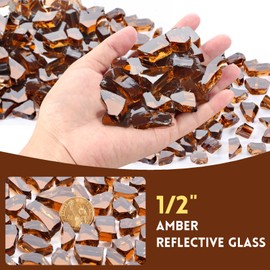 RUOJAS 10 Pounds Fire Glass 1/2 Inch High Reflective Tempered Firepit Glass Rocks for Fireplace, Fire Pit Table, Fire Bowl and Landscaping (Amber)
