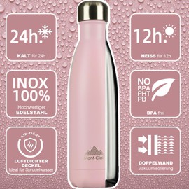 Mont-Clair Stainless Steel Drinking Bottle, Thermos Flask, BPA-Free, Water Bottle, Stainless Steel Drinking Bottle 500 ml, 24 Hours Cold and 12 Hours Warm, Leak-Proof, Thermos Drinking Bottle, Pink