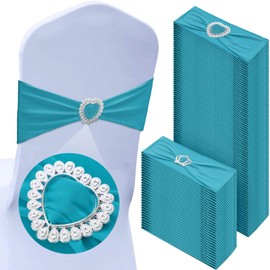 VitalCozy 100 Pcs Spandex Chair Sashes with Heart Buckle Slider,Turquoise
