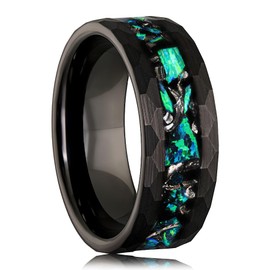 Handcrafted Meteorite and Emerald Green Opal Ring - Black Hammered Tungsten Wedding Ring for Men - Opal Meteorite Men's Ring, Unique Men Wedding Band, Brushed Finish