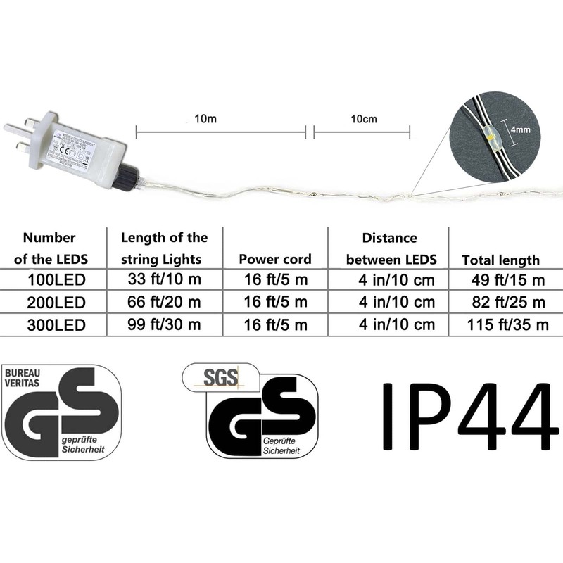 Gresonic Fairy Lights Plug in 300LED 30m/99ft Warm White 8