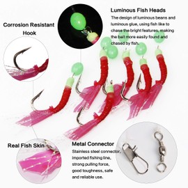 Fishing Lure Luminous Sabiki Rigs Bait Saltwater/Freshwater Fishing Rig Swivels Hooks Fish Skin/Soft Shrimps Assorted Size Flasher Rigs (20PACKS)