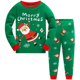 Popshion Children Pyjamas Christmas Little Boys Pyjamas Sets 100% Cotton Long sleeve Girls Pjs Green Holiday Outfits set Size 7(Santa Claus-6416 7t)