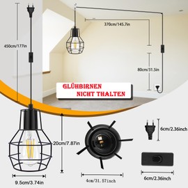 Vintage Pendant Lamp with Plug, E27 Retro Pendant Light with Switch, Industrial Metal Lampshade, Pendant Lamp, E27 Lamp Holder with Cable, 450 cm, Camping Lamp, Hanging, Kitchen Lamp, Dining Room Lamp