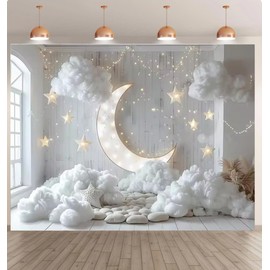 5x3 feet White Wall Children Portrait Background for Photography Moon Stars Cotton Shower Birthday Indoor Home Decor Studio Photo Booth Props