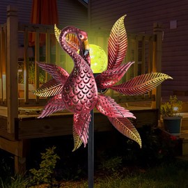 Solar Wind Spinner Outdoor Metal Kinetic Wind Spinners with LED Lighting Glass Ball Flamingo Wind Spinner with Stake Decorative Windmill for Yard Lawn Garden Patio Decor