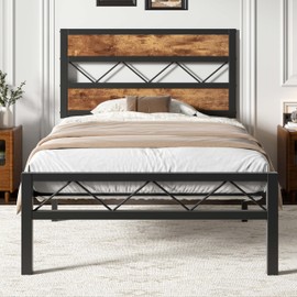 VECELO Twin Size Bed Frame with Headboard, Heavy-Duty Platform Bedframe with Metal Slats Support, No Box Spring Needed, Easy Assembly, Black & Brown