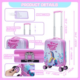 Inprof Cute Pink Mermaid Kid’s Luggage Set 5 Piece Suitcase Set 16’’ Hardside Luggage with Spinner Wheels Girls Boys Carry on Toddler Luggage Travel Rolling Luggage Carry on Luggage Airline Approved