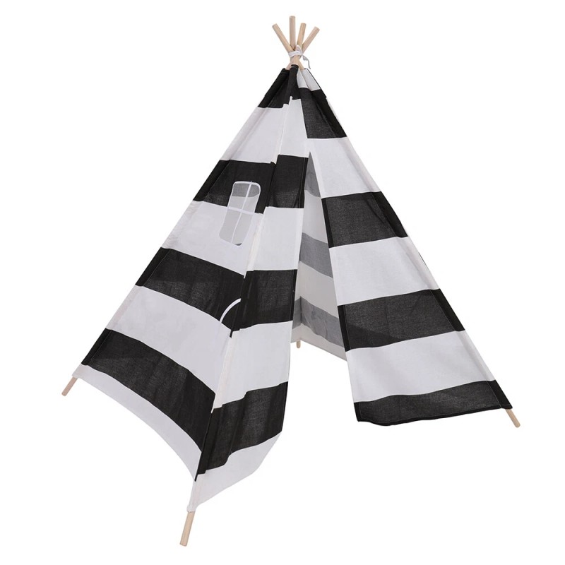 nic-473109 White Black Striped Kid Teepee Portable Canvas Tent Foldable