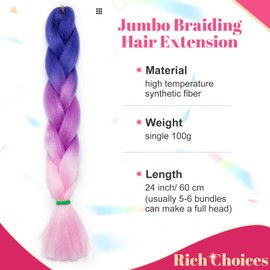 Rich Choices Braiding Hair Extensions Ombre 4 Tones Jumbo Braids Hair Extensions for Braiding Coloured Hair for Twist 24”, 1 Bundles - Dark Blue to Light Purple to Light Pink