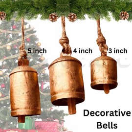 Set of 3 Rustic Harmony Bells Decorative Christmas Bell Large Vintage Cow Bell Brass Coated Country Bell Wall Hanging Cowbell Lucky Charm (3"-4"-5")