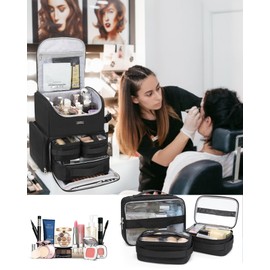 Relavel Makeup Backpack Large Makeup Bag with 3 Clear Set Bags, Dual Layer Professional Cosmetic Organizer Travel Train Case Makeup Artist Kit with Adjustable Dividers & Easy to Clean Lining, Black