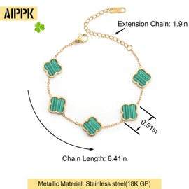 AIPPK 18K Gold Plated Clover Lucky Bracelet for Women White/Black/Red/Green Flower Four Leaf Link Bracelets Trendy Jewelry Gifts for Women, 6.41, Stainless Steel, no gemstone