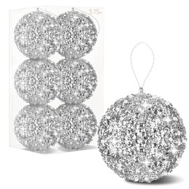 6 Pcs 3.15 Inch Christmas Ball Ornaments Glitter Sequin Ball Large Silver Christmas Tree Decorations Xmas Hanging Balls for Home New Year Holiday Indoor Outdoor Party Decor (6, Silver, 3.15 Inch)