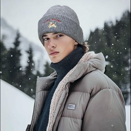 CLAPE Unisex Beanie Knitted Hat with Puppy Embroidery Elastic Wool Hat Winter Hat for Men Women Warm Roll Hat Work Hat Winter Beanie Knit Hat, KHWM2402-Light Grey