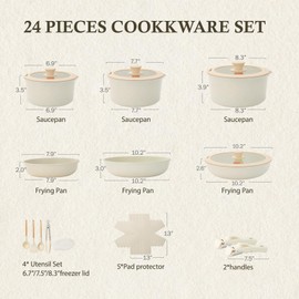 UCCLIFE 24-Piece Nonstick Ceramic Cookware Set – Induction Ready, Oven & Dishwasher Safe, Scratch-Resistant, PFOA & PFOS Free, Includes Pots, Pans, Utensils & Glass Lids