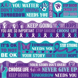 Funrous 79 ft Suicide Prevention Awareness Bulletin Board Borders 80 Pcs Purple Teal Ribbon Suicide Awareness Month Border Trim Inspirational Decorative Stickers for Chalkboard Office Wall Decor