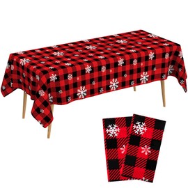 Christmas Tablecloth,2 PCS 108 x 54in Christmas Checkered Tablecloth Plastic Red Black Buffalo Plaid Rectangle Christmas Table Cover Disposable Snowflake Tablecloth for Xmas Party Decor Winter Holiday