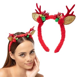 Radhu & Kabby Christmas Reindeer Antler Headband | Decorated with Festive Berries, Mushrooms and Glitter Ears | Red Hairband | Christmas Party Accessory