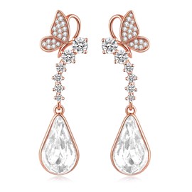 Cute Butterfly Austrian Crystal Teardrop Dangle Earrings for Women Trendy Drop Earring 14K Gold Plated Hypoallergenic Jewelry (White Clear)