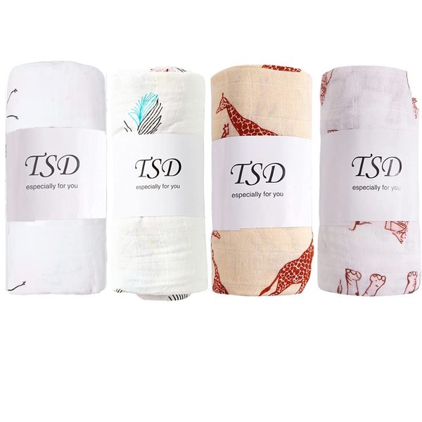 TSD Swaddle Gauze Swaddle Baby Blanket, Baby Nursing Cape, 100% Cotton, Soft, Baby Bath Towels, Set of 4, Quick Drying, Summer, Newborn, Baby Shower, 47.2 x 43.3 inches (120 x 110 cm)