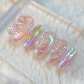 Peach-colored brilliant wuruuru handmade nail tip - long ballerina / 피치빛 영롱 우루우루 수제네일팁 - 롱발레리나