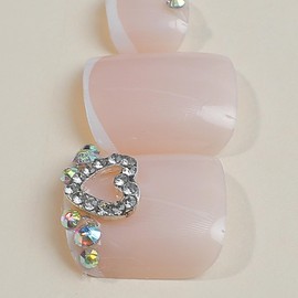 SINHOT White French Tip Press on Toenails - 3D Heart Rhinestones Toenail Art Glossy Fake Toe Nails Glue on Toenails DIY False Toenails with Design Full Cover Press on Toe Nails 24pcs