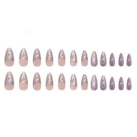 Hkanlre Square Medium Fake Nails Tips Purple Full Cover False Bling Nails French Press on Nails for Women 24PCS