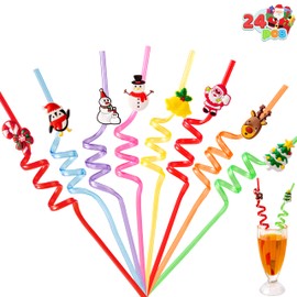 JOYIN 24 PCS Christmas Plastic Straws, 8 Colors Reusable Drinking Straws for Xmas Party Favors Kid-Friendly Supplies, Christmas Party Decorations, Goodie Bags Stuffers Fillers for Kids.