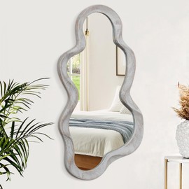 Irregular Cloud Wall Mirror Asymmetrical Mirror Modern Wood Frame Miiror Unique Shape Wall Mounted Vanity Artistic Mirror Decor for Living Room Bedroom Bathroom Entryway Hallway Large Vintage Grey