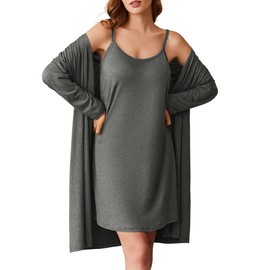 Ekouaer Womens Robe Sets Long Sleeves 2 Pieces Night Gown Bathrobe Sleepwear Sets Dark Gray Small