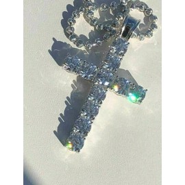 Harlembling Solid 925 Sterling Silver Cross 5ct Tennis Simulated Diamond W. Moon Cut Chain - 24" Moon Chain