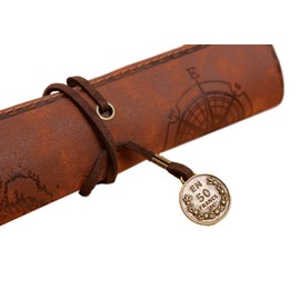 Multi-Purpose Retro Pencil Roll Pencil Case Faux Leather Vintage Artist Pencil Case Pirate Look with Printed Treasure Map, brown, Pencil roll