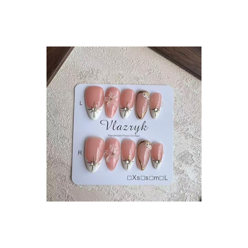 Uñas Postizas Francesas Cortas Marrones con Diseño de Diamantes de