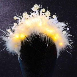 Evlry LED Feather Crown and Tiaras Luminous Pearl Headband Luminous Bridal Crowns Wedding Hair Accessories for Women