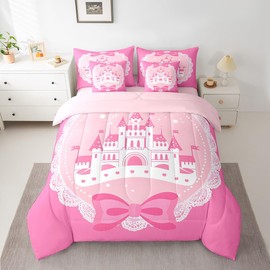 jejeloiu Girls Princess Comforter Set with Sheets Queen Size 7 Pieces Cartoon Castle Pink Bownot Bedding Set for Kids Boys Dreamy Fairy Tale Bed in a Bag Room Decor