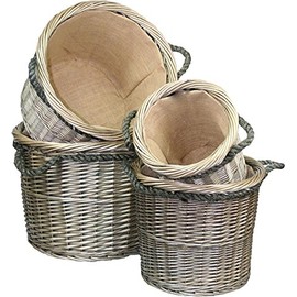Red Hamper Small Antique Wash Round Rope Handled Log Basket, Wicker, Height 33cm x Width 33cm x Depth 31cm