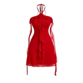 GORGLITTER Women's Flower Strapless Halter Bodycon Mini Dresses Elegant Classy Y2K Mesh Tassel Backless Summer Sundress Red Medium