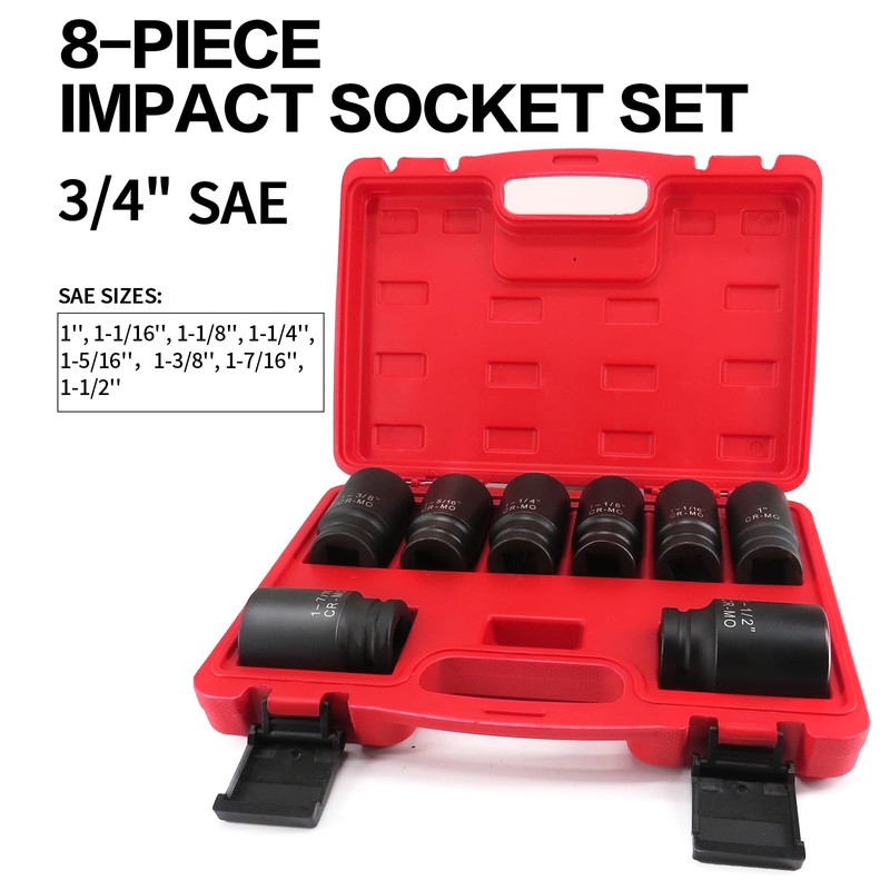 TONYNOL 3/4 Inch Drive Deep Impact Socket Set,6-Point,SAE(1"to 1-1/2"),8 Pcs,Cr-Mo.Heavy