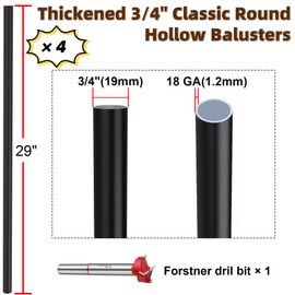 29 Inches Aluminum Deck Balusters - 4 Pack 3/4" Diamete Black Hollow Round Metal Deck Spindles with Bit, for Stair Deck Railing Porch