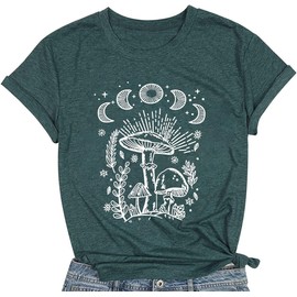 Women Mushroom Shirts Moon Graphic Tees Floral Flowers Printed Aesthetic Hiking Adventure Nature Short Sleeve Shirts Green-L