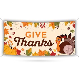Happy Thanksgiving Banner Outdoor, 13Oz Thanksgiving Fence Banner for Thanksgiving Yard Decorations, Give Thanks Banner with Metal Grommets, VP3849