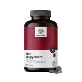 HealthyWorld® Iron Bisglycinate 40 mg - With Vitamin C - 240 Tablets - 8 Month Supply - No GMOs and No Artificial Colours - 40 mg Iron, 40 mg Vitamin C - Highest Quality
