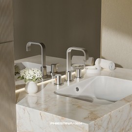 Phiestina Brushed Nickel 8 Inch 3 Hole Widespread Waterfall Bathroom Sink Faucet, Modern Bathroom Faucet with Pop Up Drain and Water Supply Line, WF040B-1-BN