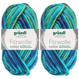2 x 50 g Gründl Felt Wool Colour Made from 100% Pure Virgin Wool with Instructions for Pot Holders (38 Aqua Multicolour)