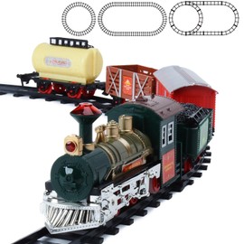 Classic Christmas Train Toys Set with Lights and Sounds, Electric Train Set with Tracks, Locomotive Engine, Cargo Car, Coal Cargo, Passenger Coach