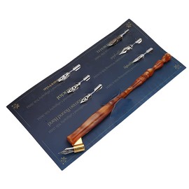 TEUOPIOE Calligraphy Oblique Nib Pen Point Holder, English Calligraphy Pen Nib Holder Antique Copperplate Script Handed Dip Pen & 6 Flat Nibs(Brown)