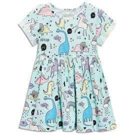 Bumeex Little Girls Cotton Casual Cartoon Print Short Sleeve Skirt Dresses