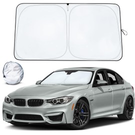 Autovir Windshield Sun Shade with Mirror-Cutout | Foldable Reflective Sun Visor for UV Rays & Heat Protection | Automotive Interior Sun Protector for Sedan, SUV, Truck, Hatchback | Medium 64" x 32"
