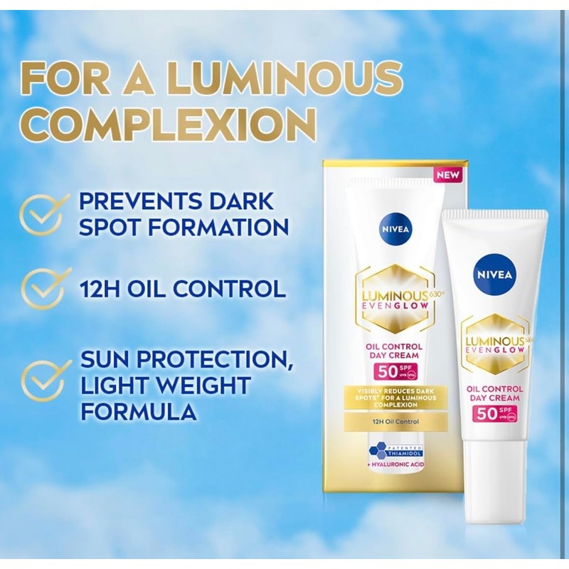 NIVEA Luminous 630 Even Glow Day Cream, Oil Control, SPF50,